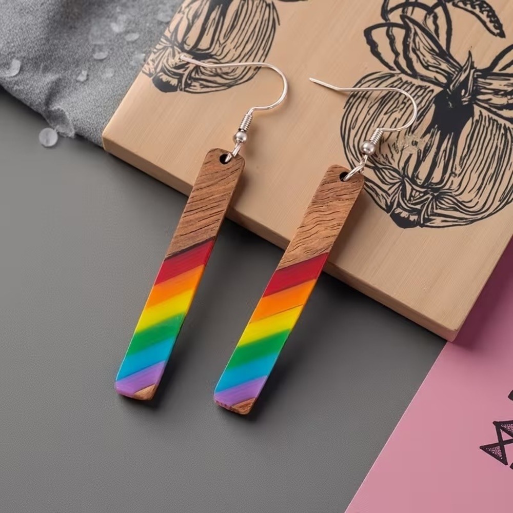 Rainbow Wood Resin‎ Bar Drop Earrings Geometric Pride Dangle Striped Rectangle